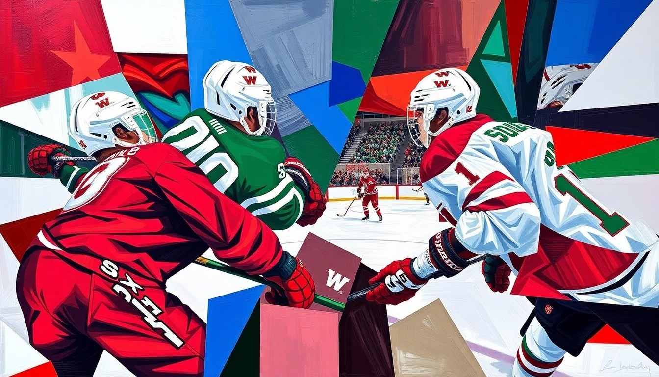 A fractured, multi-perspective painting depicting a college hockey game, with the players and the rink broken down into sharp, overlapping geometric planes in vibrant colors.