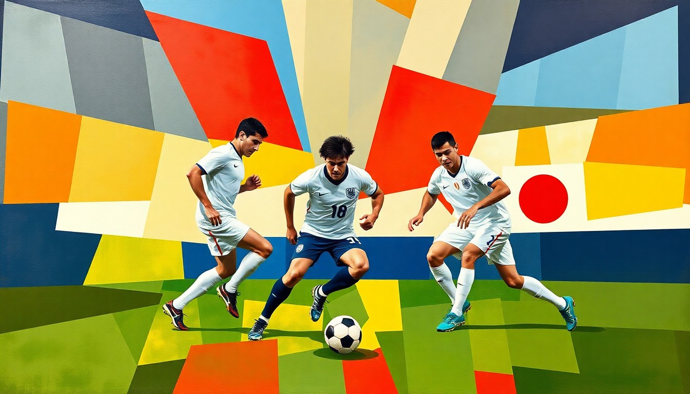 A cubist, geometric painting depicting a fragmented soccer match or training session, with the players' forms and the ball broken down into sharp, overlapping planes of color representing the official colors of the England and Japan national teams.