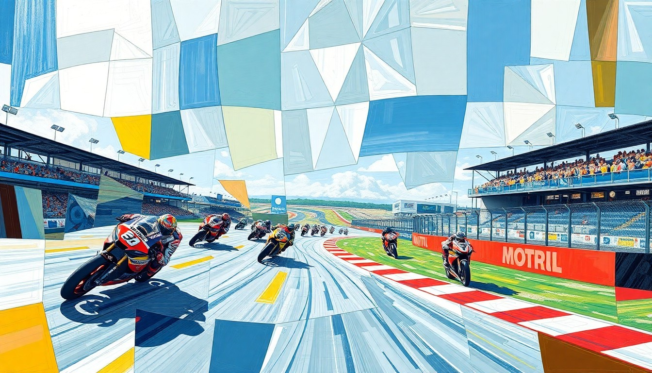 A fragmented, geometric painting depicting the dynamic action of a MotoGP race, with overlapping planes of color and form capturing the speed and intensity of the competition.