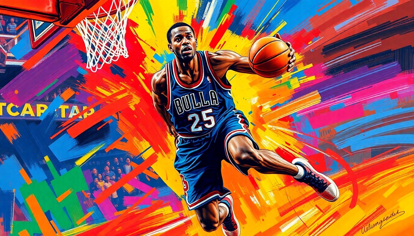 An abstract expressionist painting in neon colors depicting the dynamic motion and energy of a basketball player driving to the hoop, with the player's form dissolving into vibrant brushstrokes.