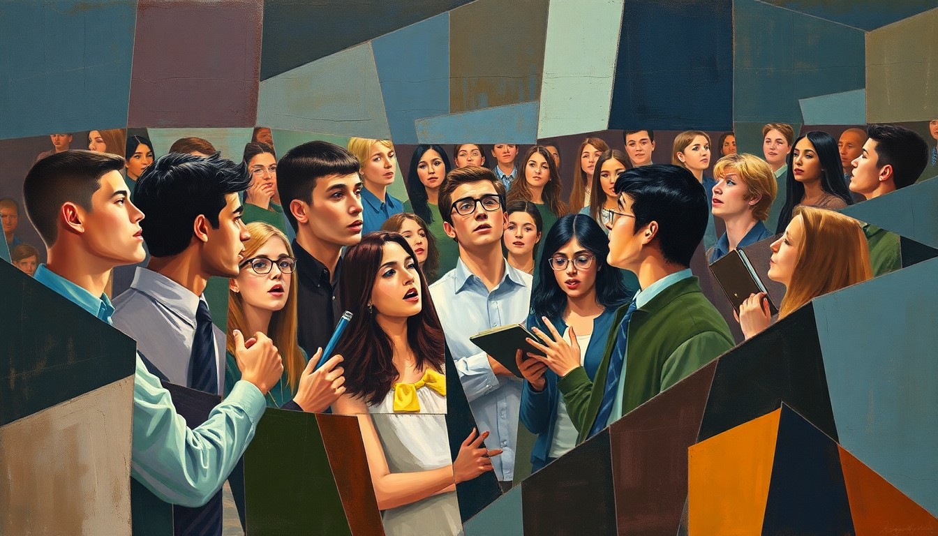A fractured, multi-perspective painting featuring sharp, overlapping geometric planes of high school students passionately delivering speeches, debating, and performing dramatic interpretations, conveying the raw emotion and competitive drive of a state speech championship.