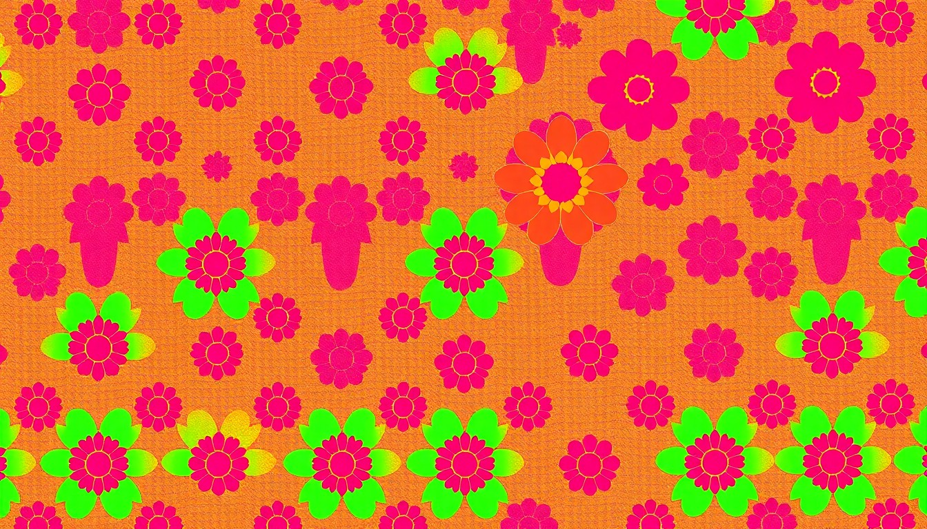 A high-contrast, silkscreen-style illustration featuring a repeating pattern of a brightly colored, geometric fabric swatch, conceptually representing the custom textile art pieces created in the community workshop.