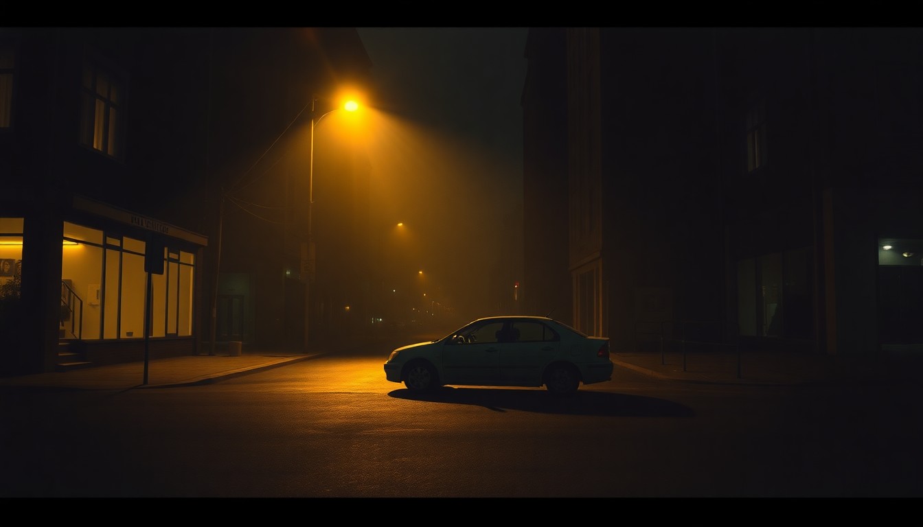 A realistic painting of a solitary, parked car on a dimly lit city street, with warm sunlight and deep shadows creating a cinematic, nostalgic mood that evokes the political tensions around vehicle emissions regulations.