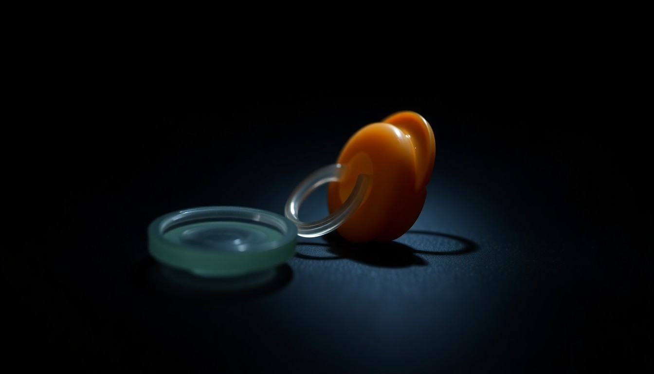 An extreme close-up of a baby's pacifier lying on a dark surface, the harsh flash creating dramatic shadows and textures that convey a sense of loss and investigation.