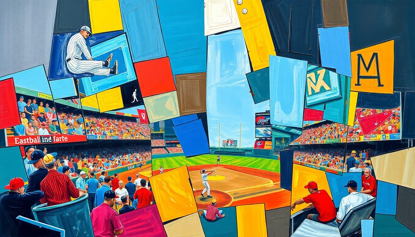 A cubist, geometric painting depicting a baseball player in motion, with sharp, overlapping shapes and planes in a vibrant color palette of blues, reds, and yellows, capturing the raw energy and movement of the sport.