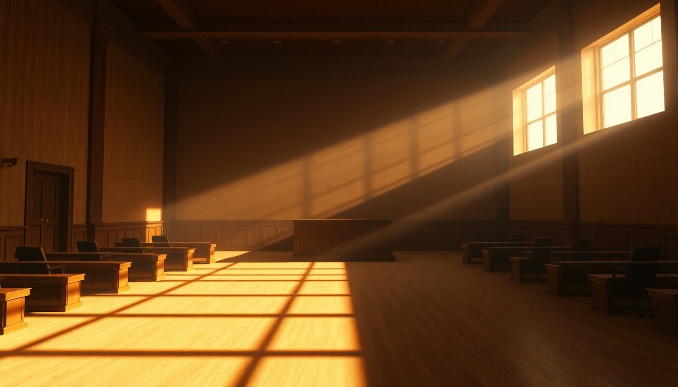 A dimly lit, empty courtroom with wooden benches and a judge's bench, the space filled with warm, diagonal sunlight and deep shadows, conveying a sense of quiet contemplation around the challenges of the justice system.