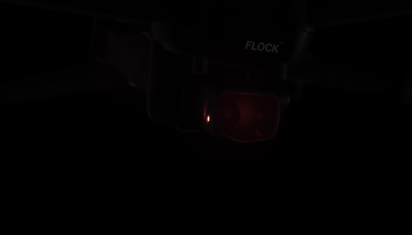 An extreme close-up of a drone camera lens reflecting a faint red light, conceptually representing the surveillance capabilities of the Flock drone technology.
