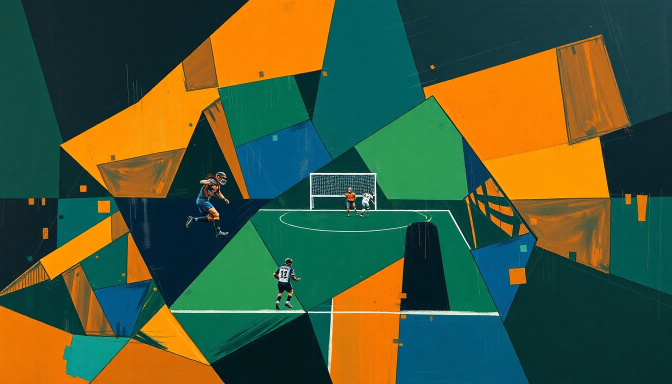 A fragmented, geometric painting depicting overlapping planes of navy, green, and orange, conceptually representing the intricate dynamics of a potential quarterback-coach reunion in professional football.