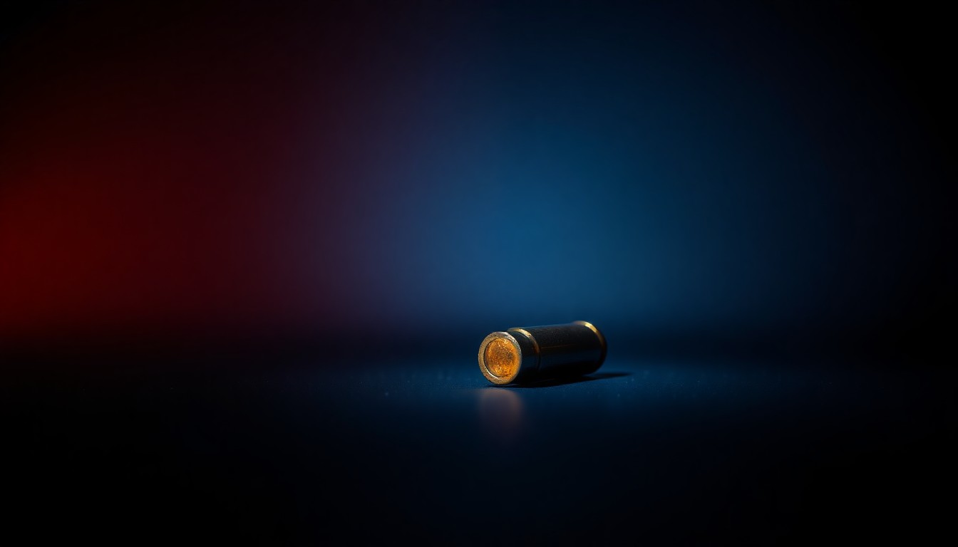 An extreme close-up photograph of a single bullet casing on a dark background, lit by a harsh, direct camera flash, conceptually representing the violence and tragedy at the heart of this story.