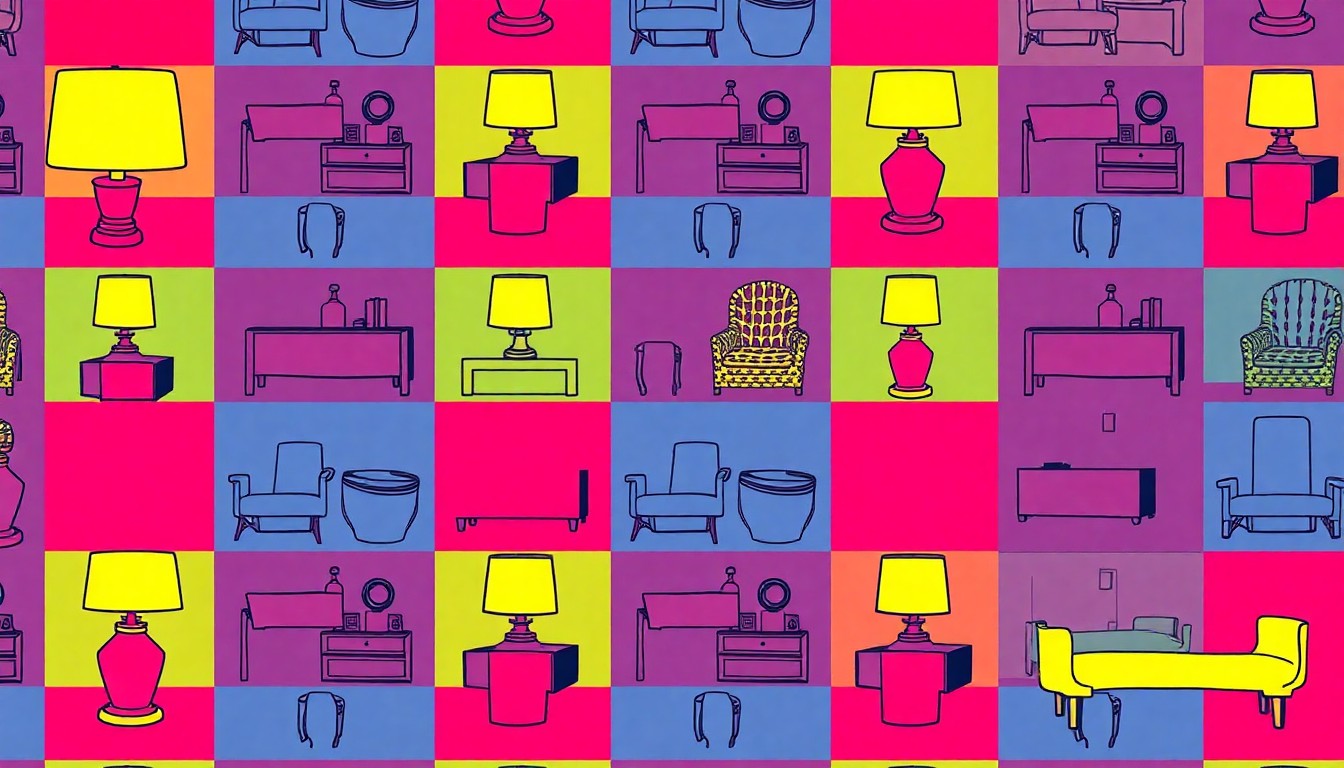 A brightly colored, high-contrast silkscreen print of a single, iconic home decor object such as a lamp or vase, repeated in a tight grid pattern, conceptually representing the customization opportunities of this White Plains co-op.