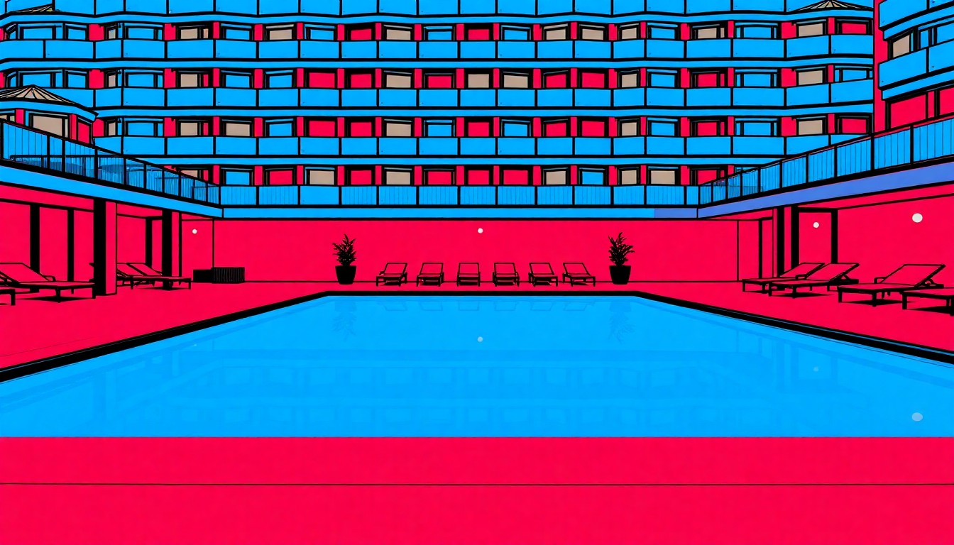 A brightly colored, high-contrast silkscreen print of a swimming pool with a vibrant blue color and a bold black outline, repeated in a tight grid pattern, conceptually representing the luxury and privacy of the outdoor living space.