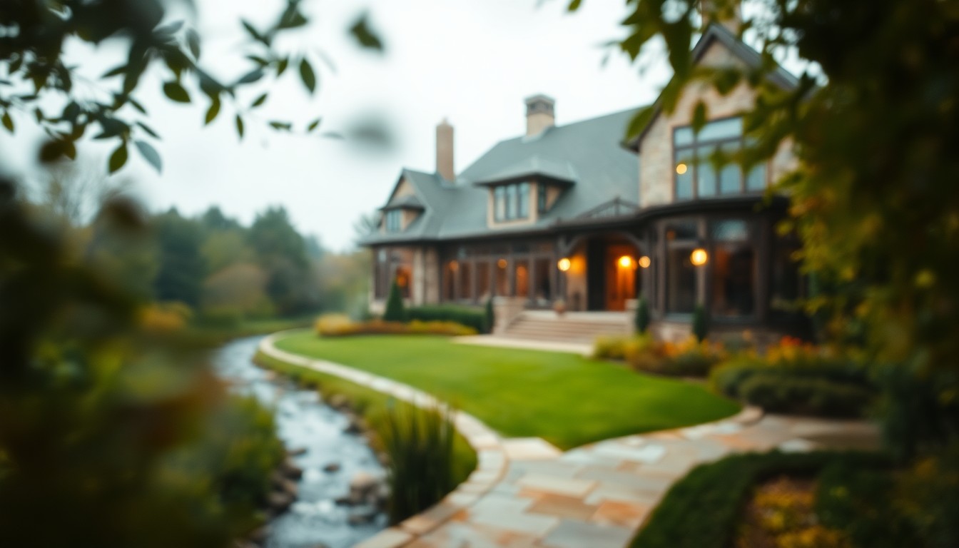 An extremely abstracted, out-of-focus photograph in warm, soft-focus tones, capturing the blurred outline of a grand country home surrounded by lush greenery and a meandering creek, conveying a sense of serene elegance.