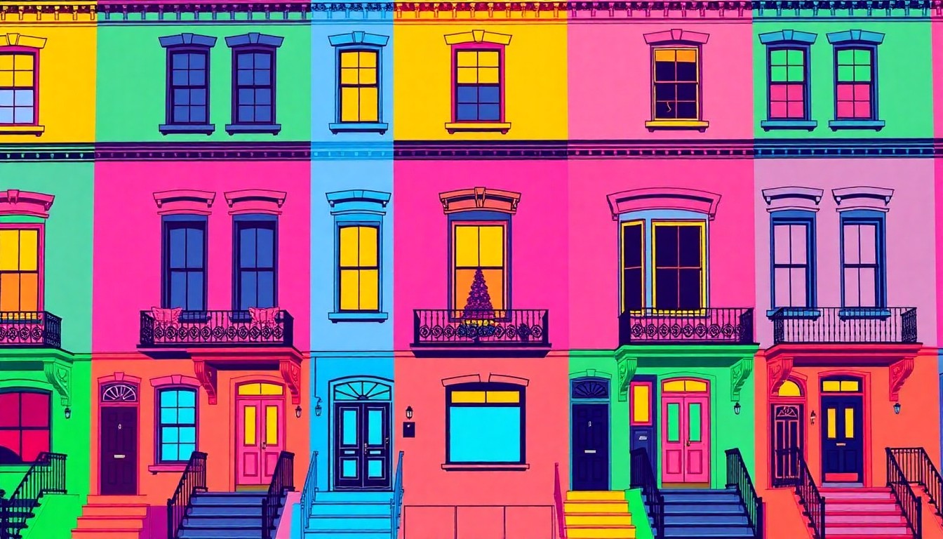 A bold, graphic silkscreen print featuring a repeating pattern of a stylized townhome exterior in vibrant neon colors, conceptually representing the high-end, design-forward residential development transforming the Sleepy Hollow community.