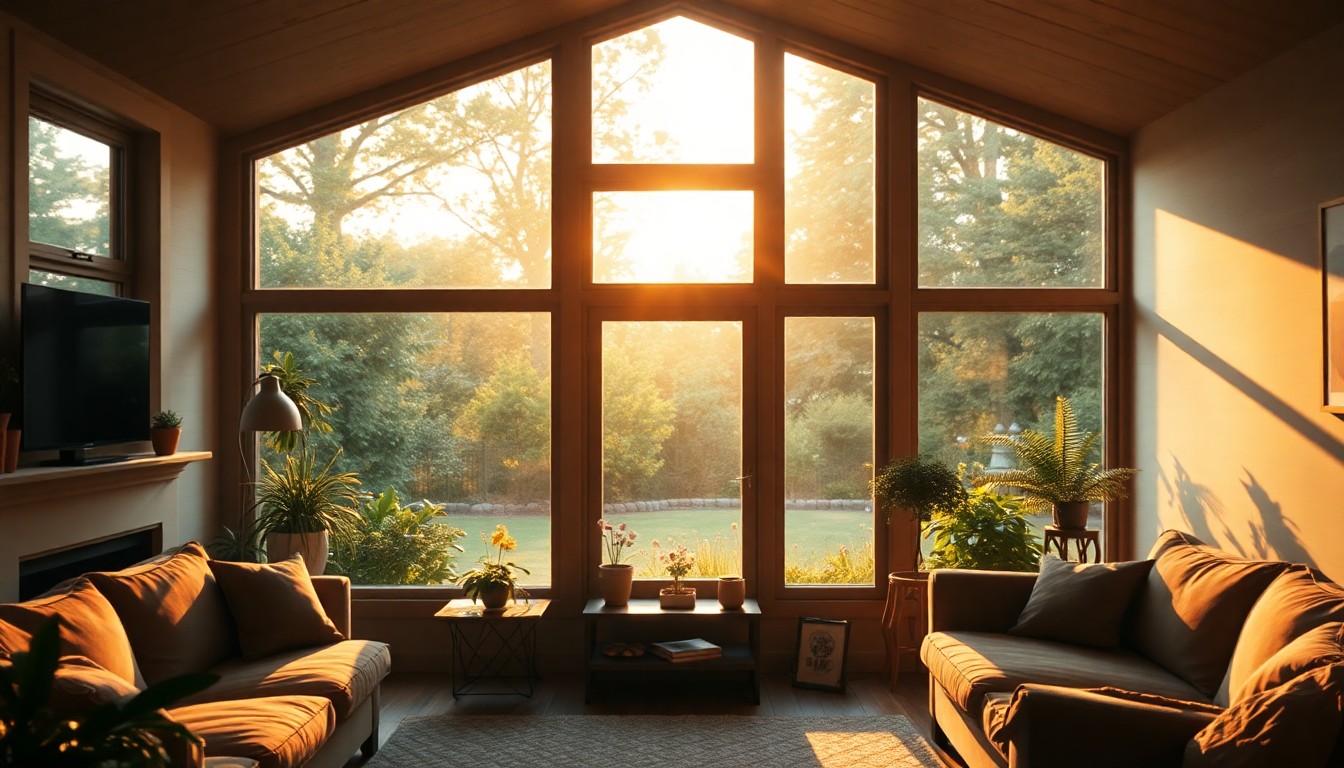 An extremely abstracted, out-of-focus photograph of a cozy living room with a large window overlooking a lush backyard, captured in soft pools of warm, golden light, conceptually representing the welcoming atmosphere and natural beauty of the Ardsley property.
