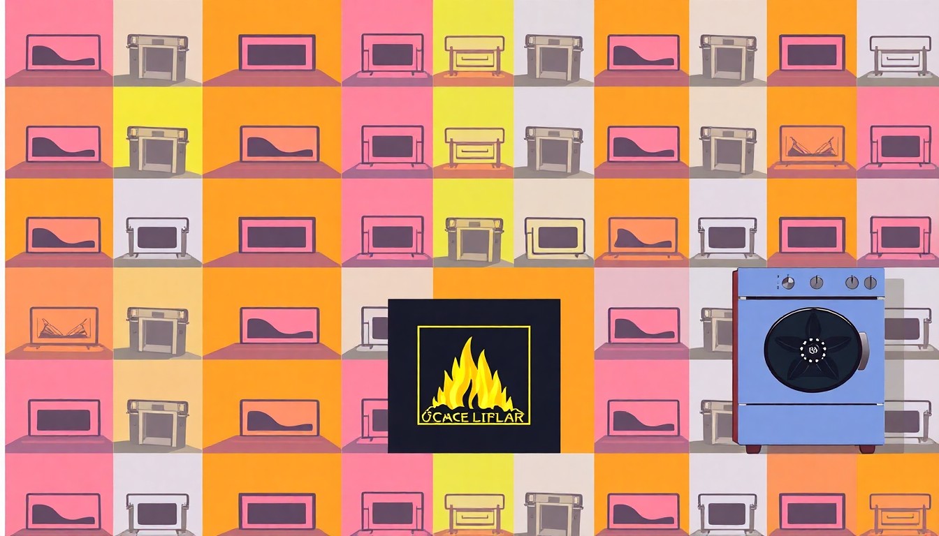 A high-contrast silkscreen print in vibrant neon colors depicting a repeating pattern of a modern fireplace or kitchen appliance, conceptually representing the home's stylish design elements.