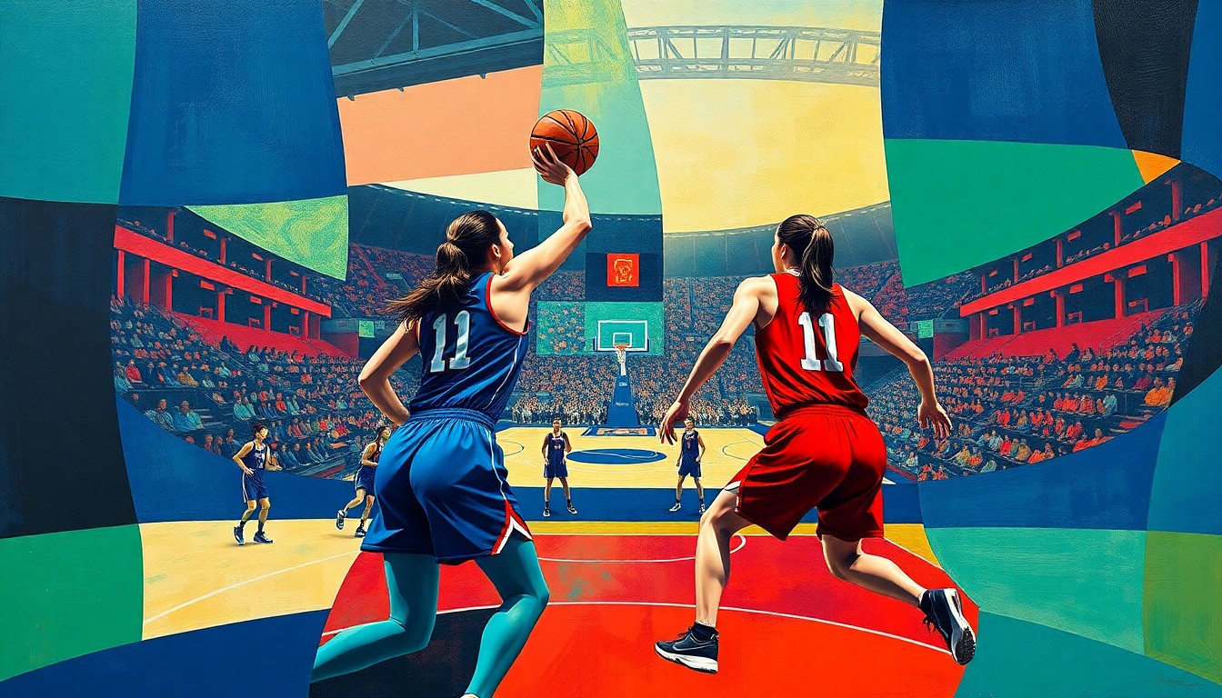 A cubist, geometric painting depicting a fragmented women's basketball game, with the players' forms broken down into sharp, overlapping shapes in a vibrant color palette, conceptually representing the loss of a key player and the team's need to adapt their strategy.