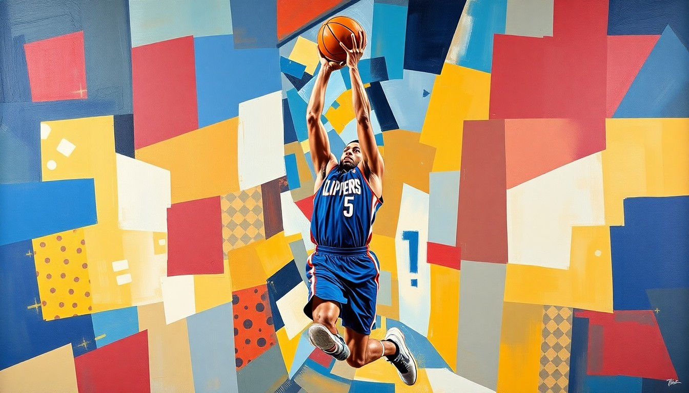 A cubist, geometric painting depicting a basketball player's jump shot broken down into sharp, overlapping planes of blue, red, and white, capturing the dynamic energy of the sport.