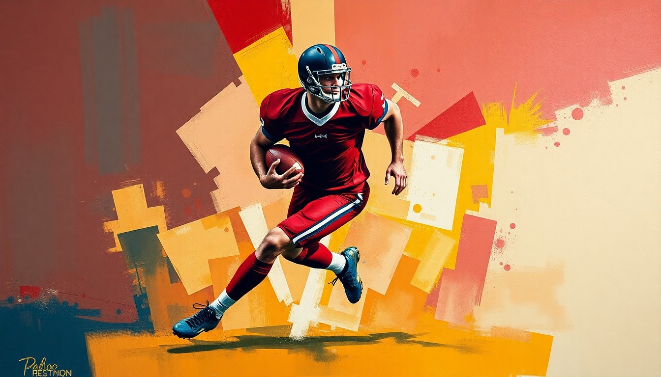 A fractured, cubist-style painting depicting a football player in mid-stride, broken down into sharp, overlapping geometric shapes in a palette of deep red, navy blue, and gold, conveying the dynamic energy and shifting priorities of the 49ers' receiver corps.