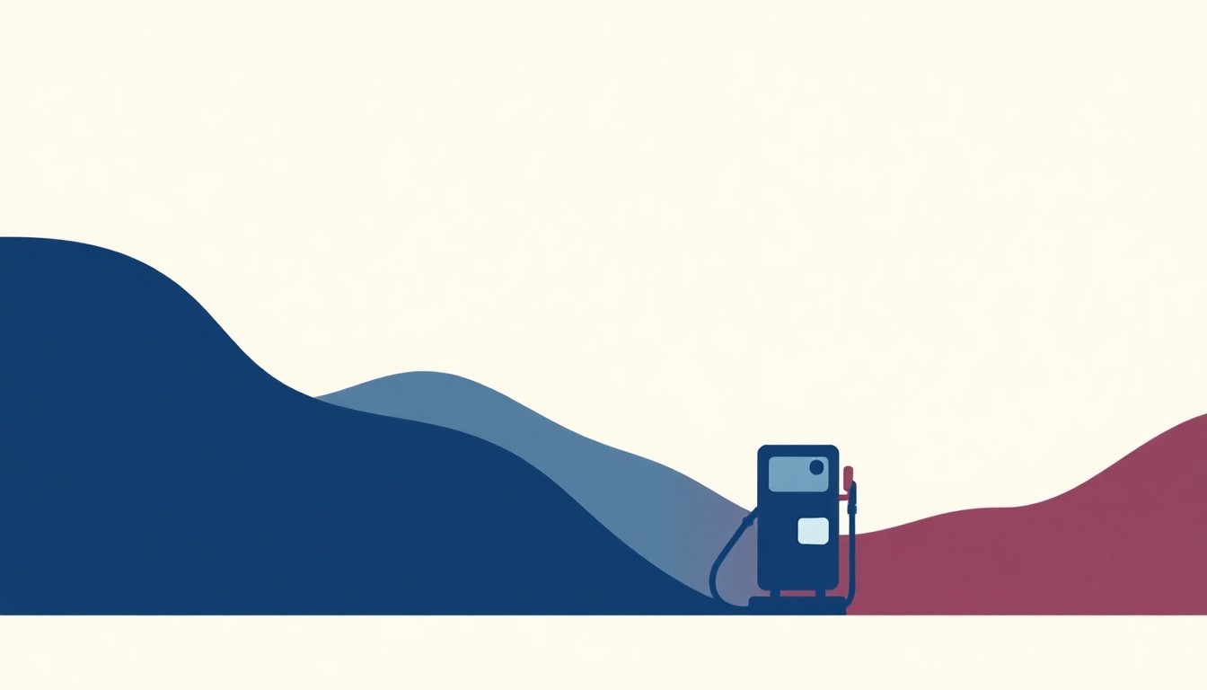 An abstract geometric illustration using bold shapes and muted colors to conceptually represent the rising cost of gasoline and the global factors impacting oil prices.