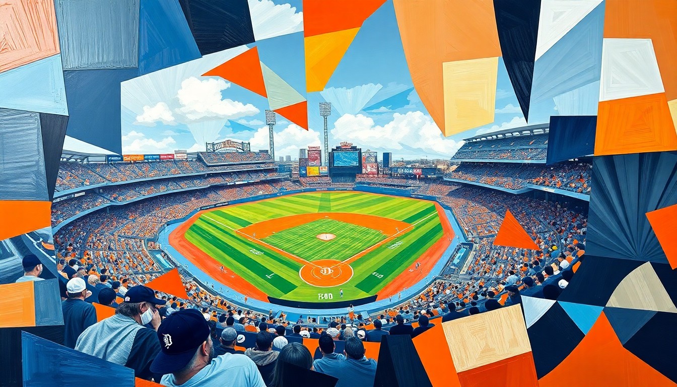 A fragmented, cubist-style painting depicting a Detroit Tigers baseball game, with the players and field broken down into sharp, overlapping geometric shapes in the team's official colors of blue, orange, and white.