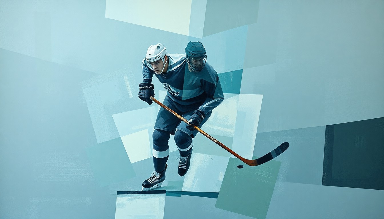 A cubist-style painting depicting a hockey player in motion, broken down into sharp, overlapping geometric shapes in muted blues, grays, and greens, conveying the idea of a veteran player's steadying presence on the ice.