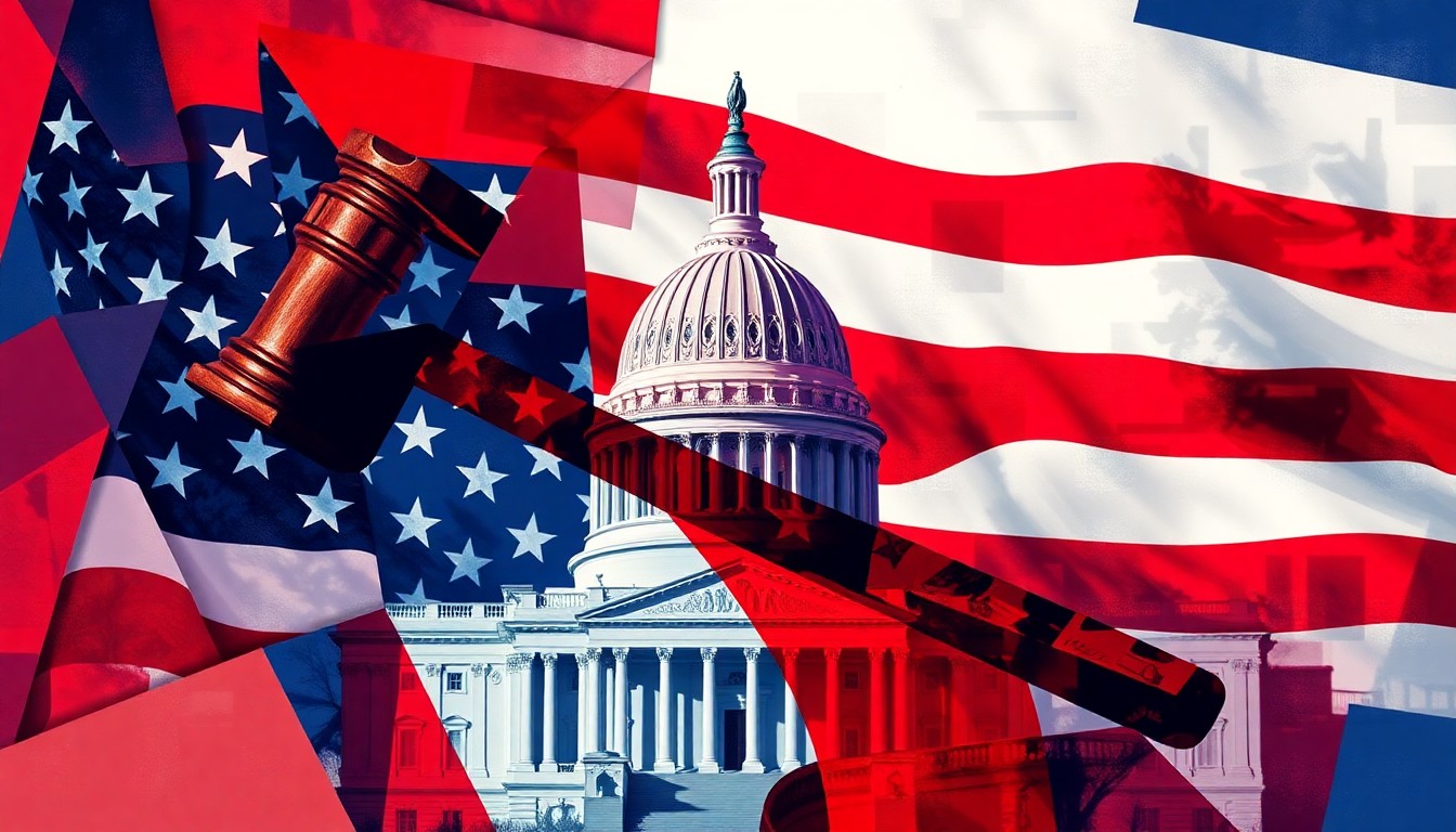 A dynamic, fragmented painting depicting government symbols like a gavel, American flag, and Capitol building in bold, overlapping brushstrokes of red, white, and blue, conveying the chaotic political stalemate over federal agency funding.