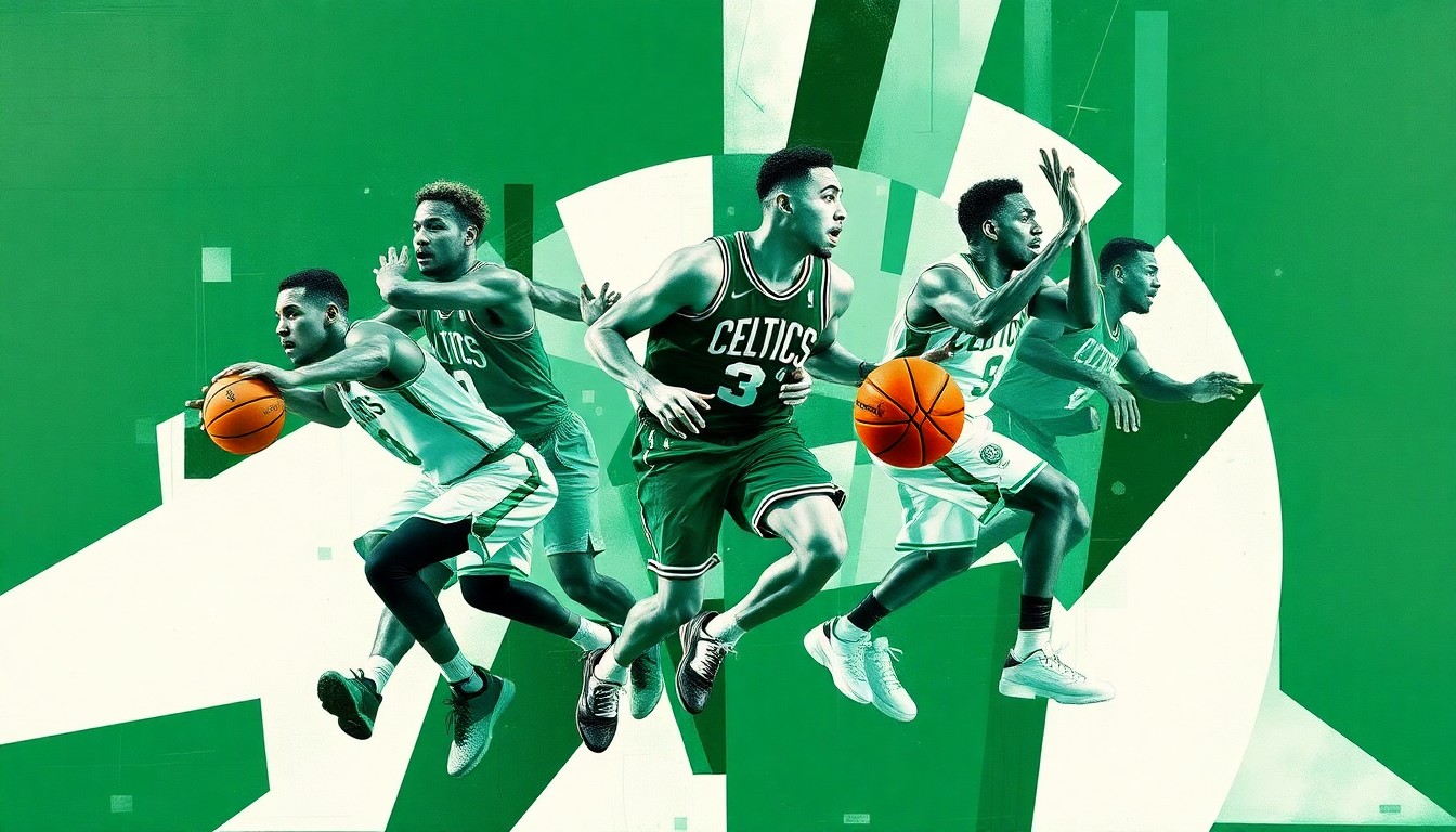 A cubist, geometric painting depicting the fragmented movements and plays of a basketball player, rendered in shades of green, white, and black to represent the Boston Celtics colors.