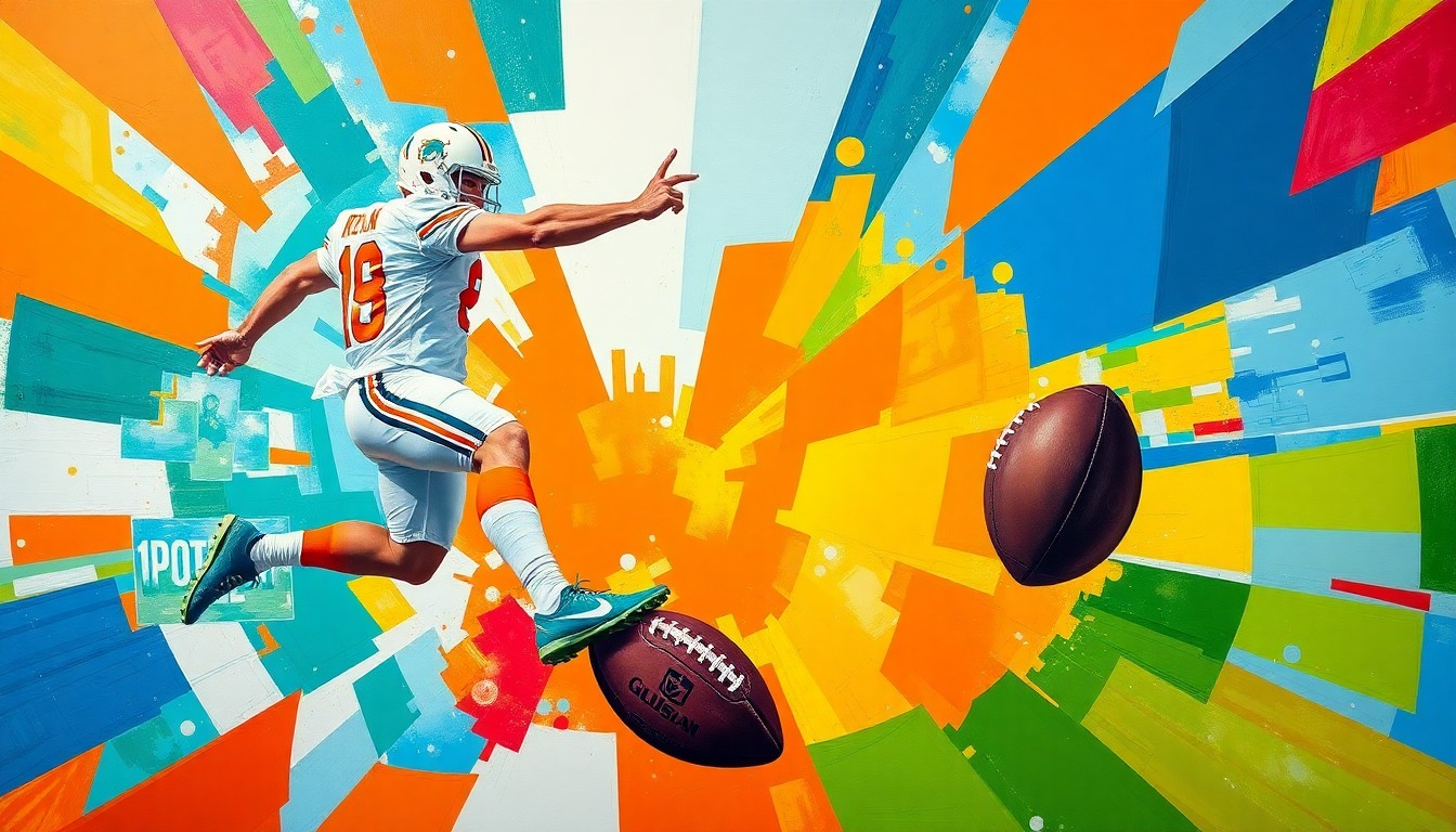 A cubist, geometric painting depicting the motion and trajectory of a football being kicked, with the colors of the Dolphins and Giants swirling together in an abstract, fragmented composition.
