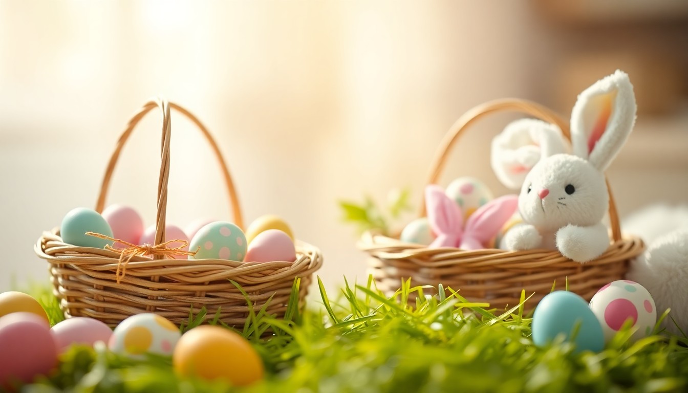 An abstract, impressionistic photograph of colorful Easter decorations and toys in a blurred, dreamlike setting, conveying the festive mood of the community event.