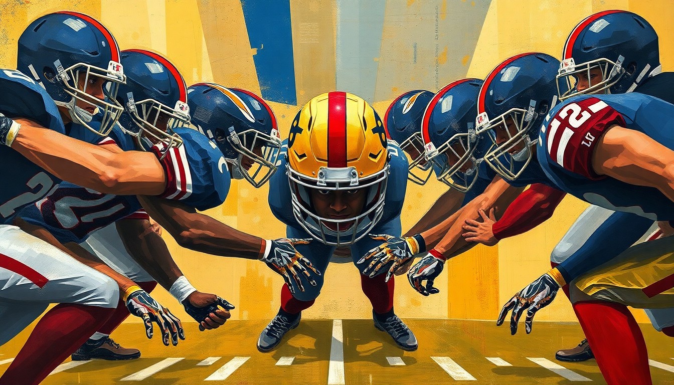 A fractured, geometric painting depicting the overlapping planes and angles of a football offensive line, rendered in a cubist style using shades of navy, gold, and crimson.