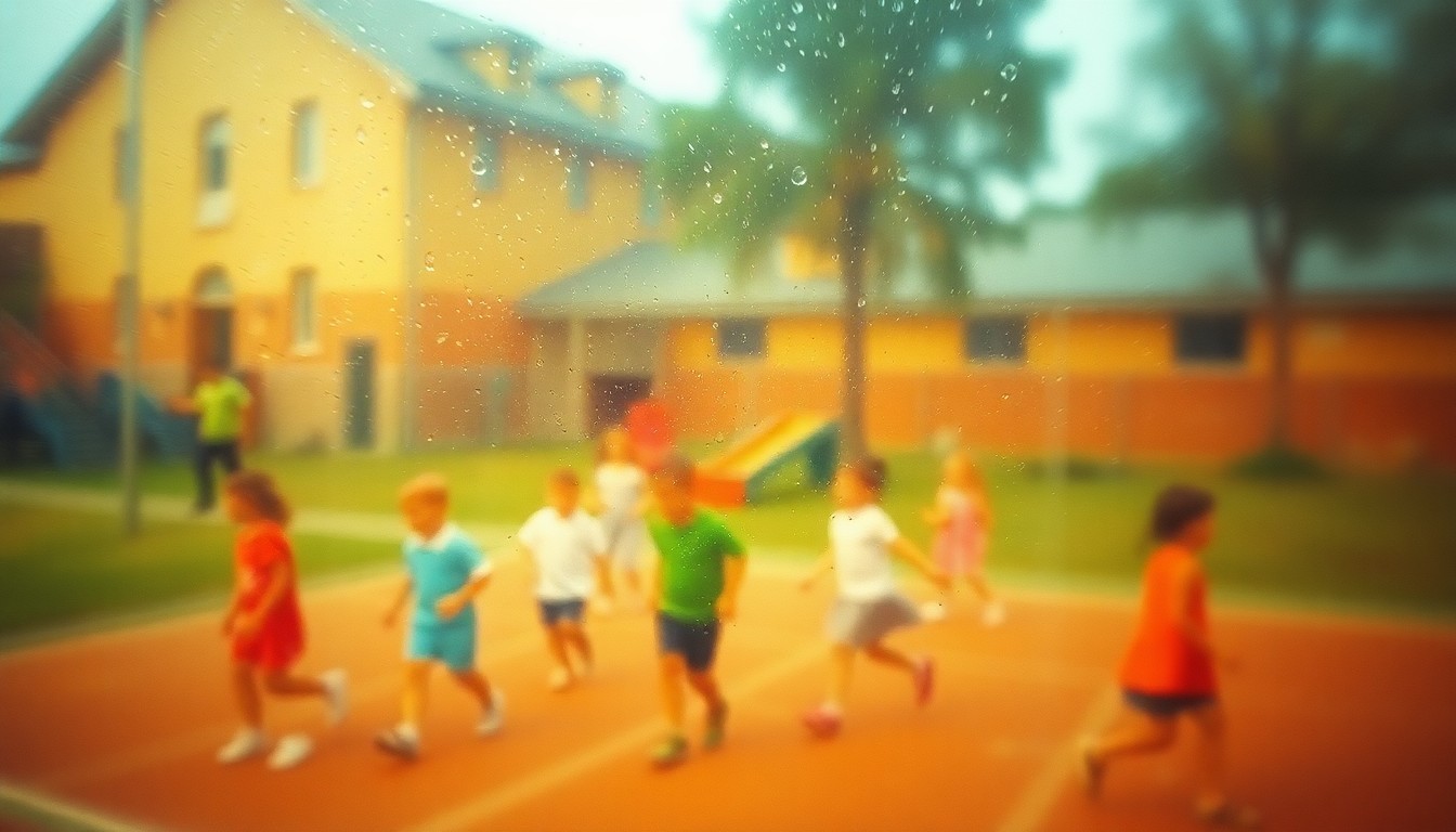 An abstract, impressionistic scene of a blurred, sun-dappled school playground, conveying the mood of a community celebrating a holiday break.