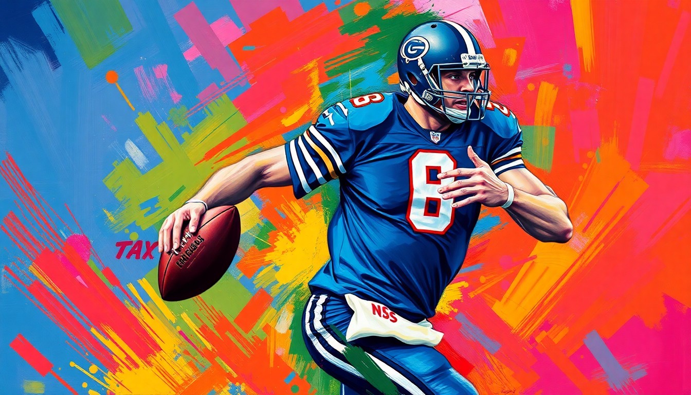 An abstract painting in neon colors and dynamic brushstrokes depicting the powerful movements of an NFL quarterback, conceptually representing the Rams' plans to extend veteran QB Matthew Stafford's career.