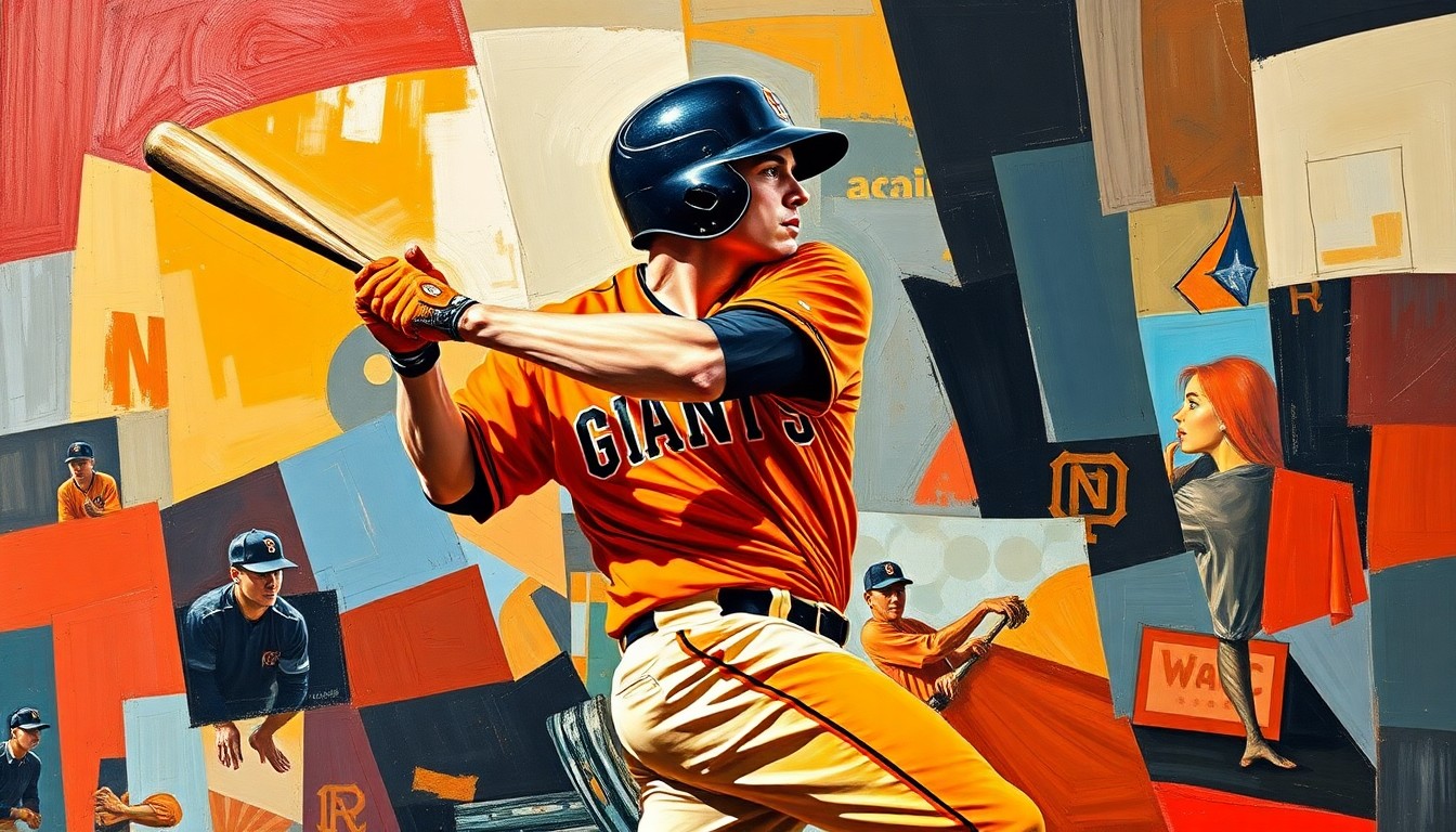 A cubist-style painting depicting a baseball player's motion broken down into sharp, overlapping geometric shapes in the Giants' team colors of orange and black, conceptually representing the team's roster changes.