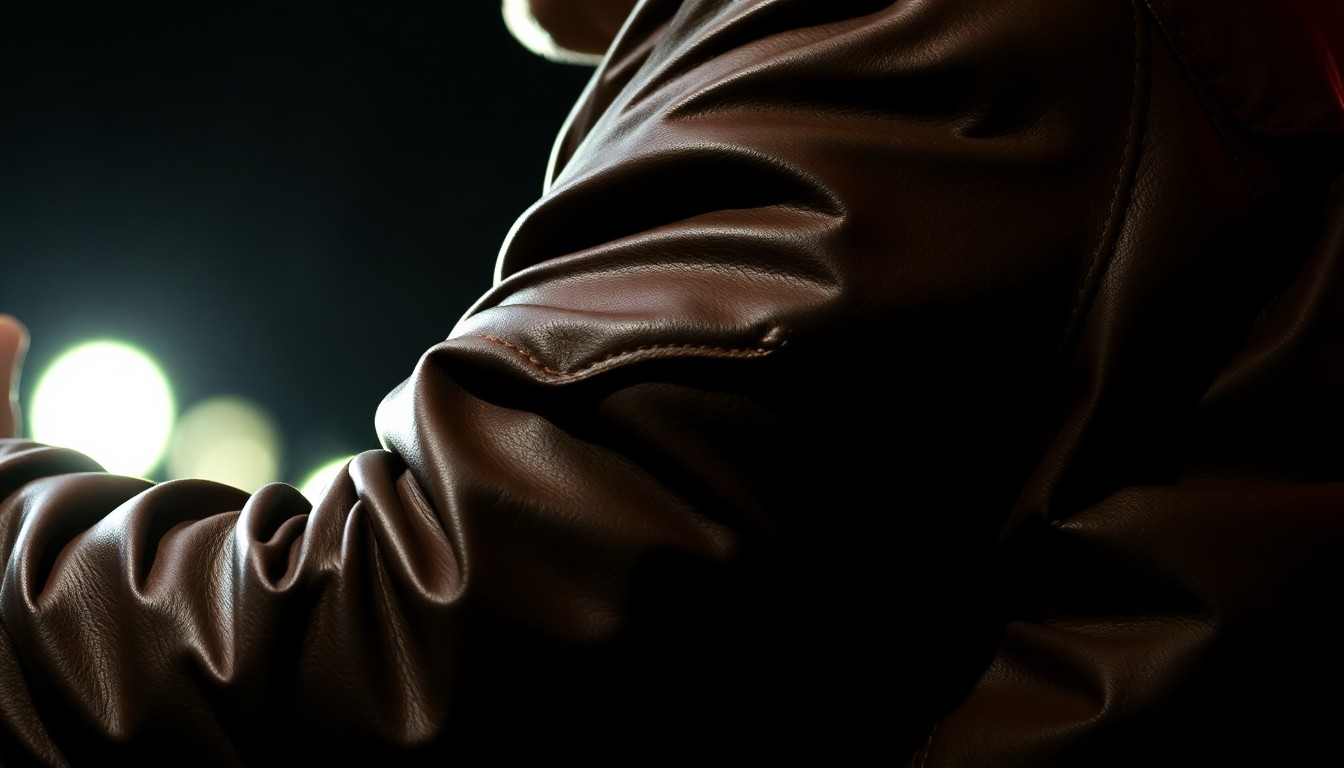 An extreme close-up photograph of a worn, weathered leather jacket, capturing the intricate folds, creases, and scuffs that convey the energy and history of live rock performances.