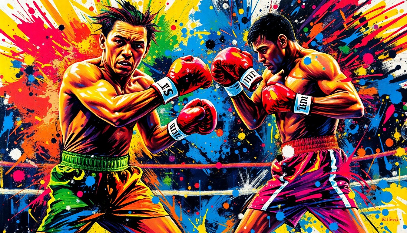 An abstract expressionist painting in neon colors, with dynamic brushstrokes capturing the intense physicality and energy of a boxing match.