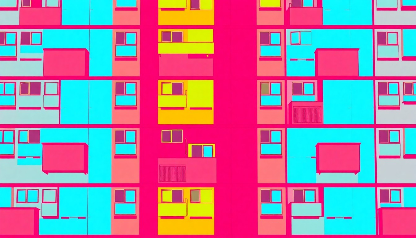A brightly colored, high-contrast silkscreen print of a stylized apartment building icon repeated in a tight grid pattern, utilizing flat, vibrant, and unnatural neon color palettes overlapping with heavy black photographic outlines to conceptually represent the creation of new affordable housing developments.