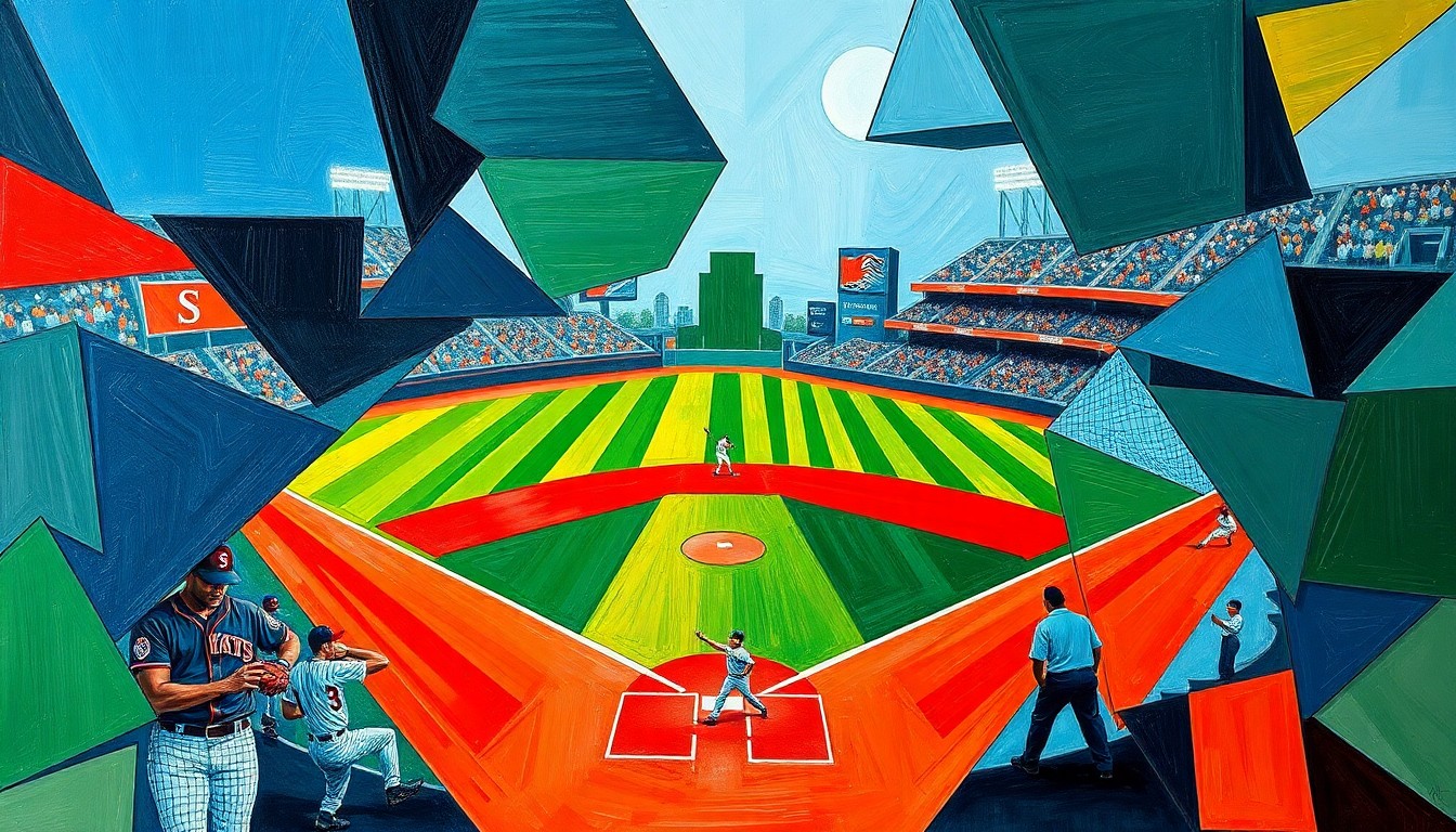 A cubist, geometric painting depicting a baseball game in progress, with players and the field abstracted into sharp, overlapping shapes in a vibrant color palette.