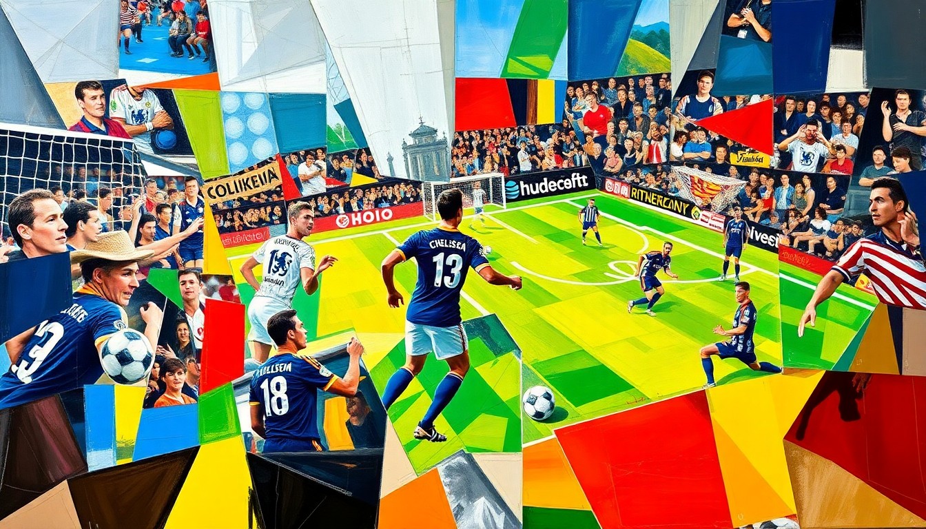 A fractured, multi-perspective painting depicting a football match or competition, with sharp geometric planes in vibrant colors representing the teams and intensity of the game.