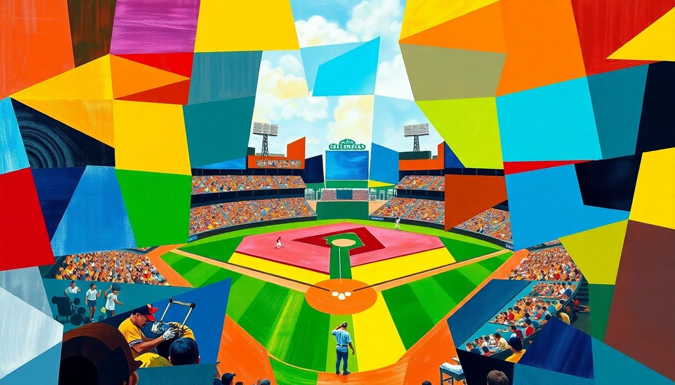 A visually striking, cubist-style painting featuring overlapping geometric shapes and planes of bright, contrasting colors that evoke the intensity and movement of a baseball game.