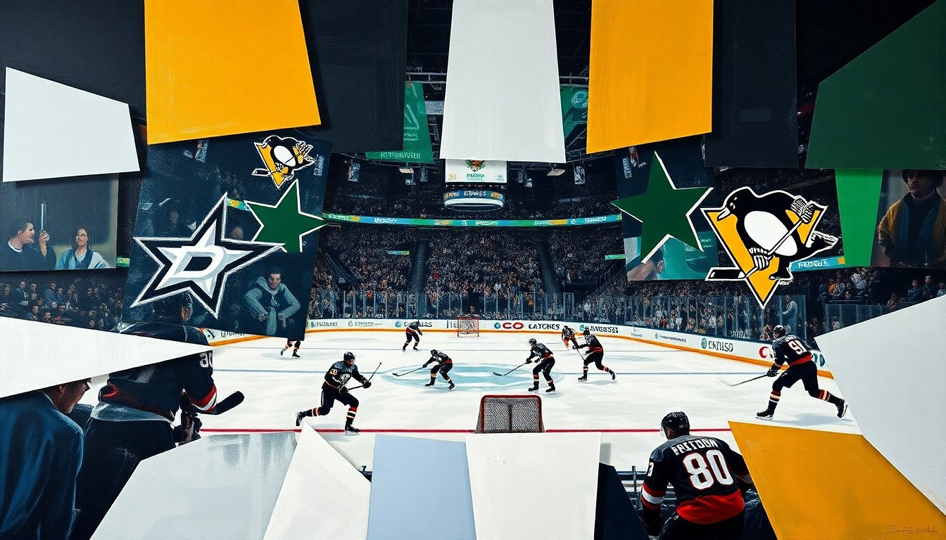 A fragmented, geometric painting depicting the dynamic movement and energy of a hockey game, with players and the puck represented as overlapping angular shapes in a vibrant color palette.