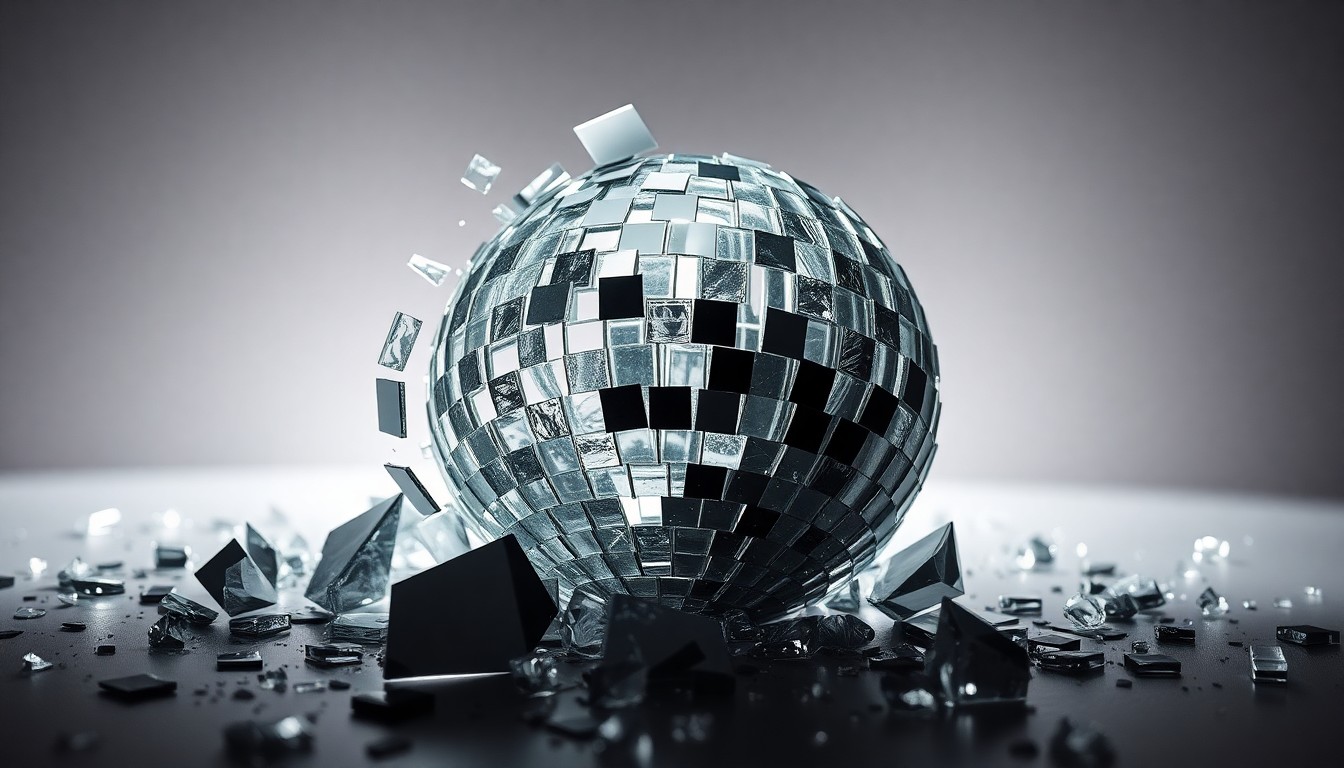 An abstract close-up image of shattered, glittering glass fragments captured in dramatic studio lighting, conveying a sense of fragility and the human cost behind the entertainment industry's facade.
