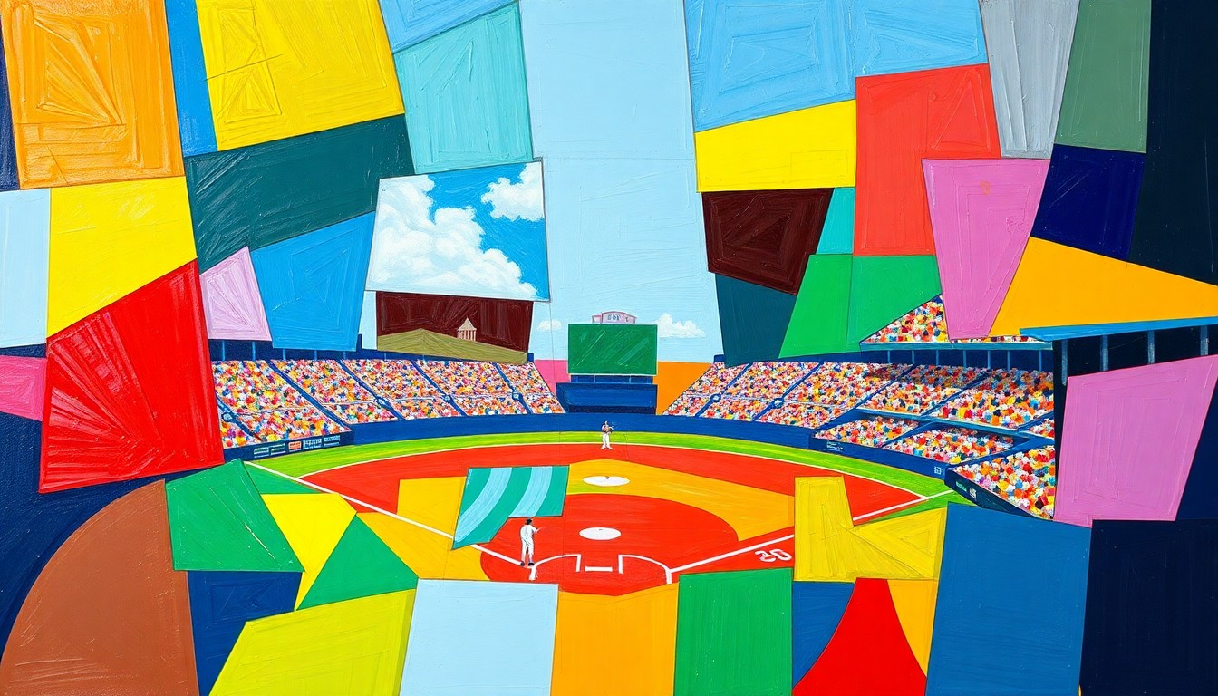 A vibrant, cubist-style painting depicting a high school baseball game in motion, with players and the field broken down into overlapping geometric shapes and planes of bright colors.