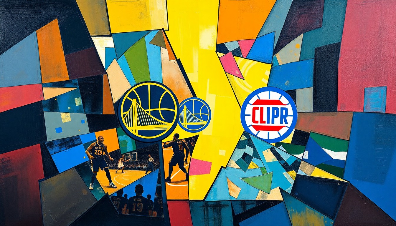 A cubist, geometric painting depicting a fragmented basketball game, with sharp planes of blue, gold, and red representing the Warriors and Clippers colors, conveying the high-stakes nature of the Warriors' offseason plans.