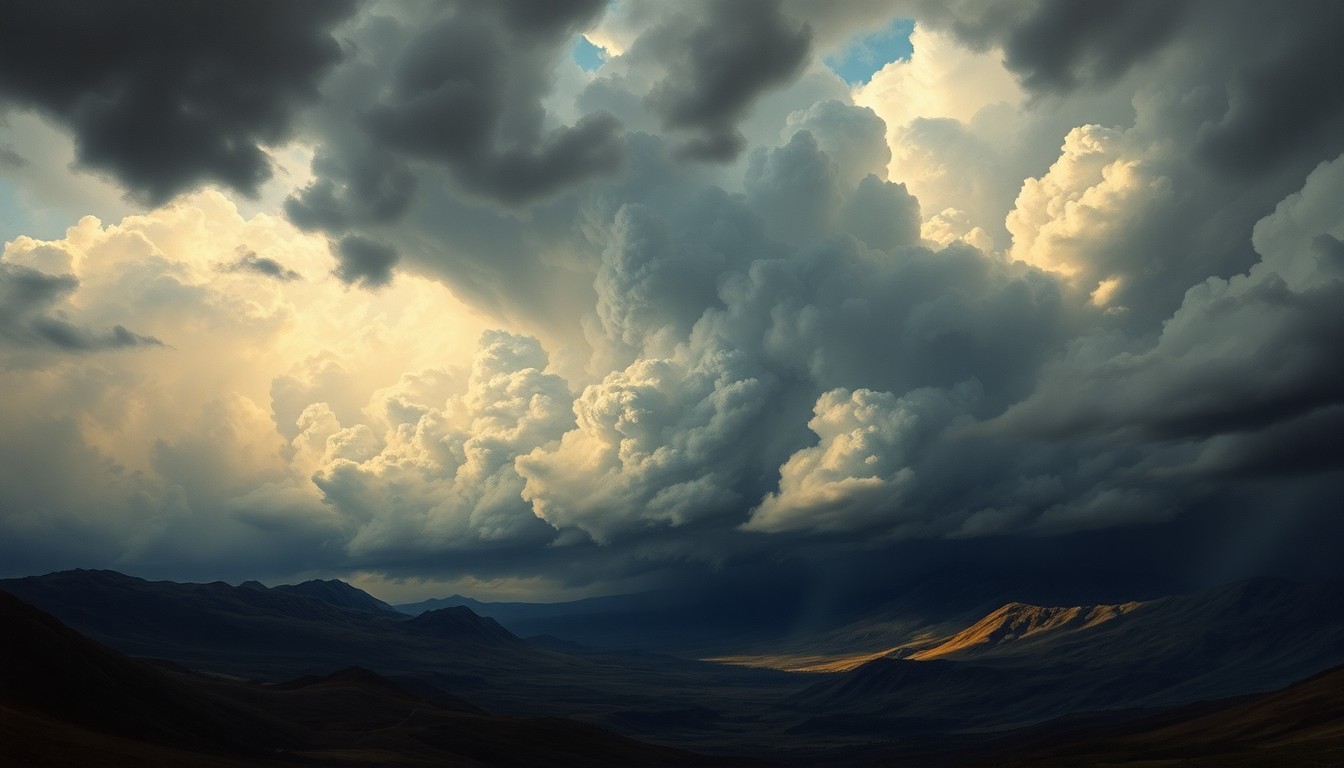 A vast, atmospheric landscape painting depicting a looming, turbulent storm system dominating the horizon, with the physical landscape dwarfed by the overwhelming scale of the natural forces at play.