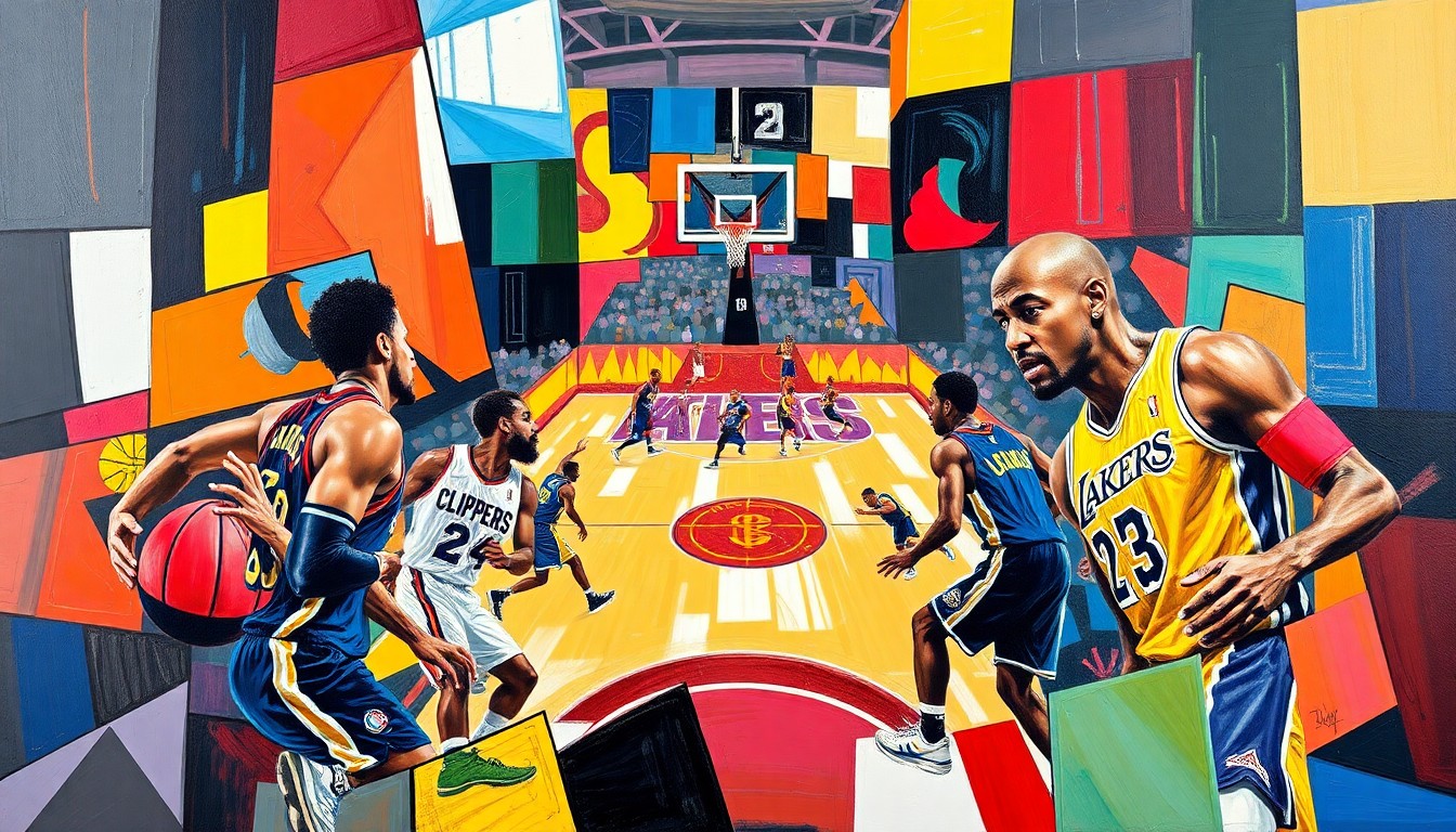 A cubist, geometric painting depicting the action of a basketball game, with sharp, overlapping planes of color representing the players and court. The vibrant colors of the Clippers and Lakers uniforms are visible, creating a dynamic and visually striking illustration of the upcoming playoff matchup.