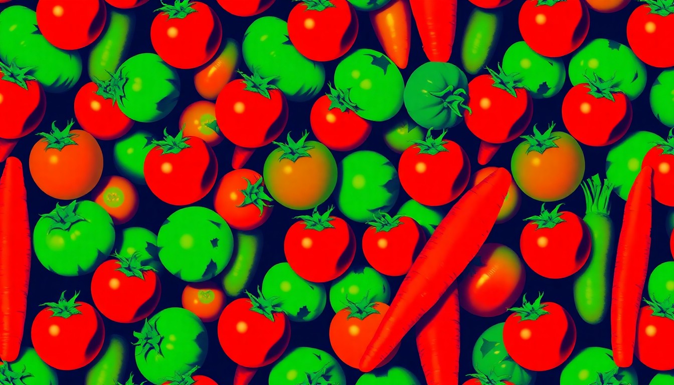 A high-contrast silkscreen print in neon colors featuring a repeated pattern of a single fresh produce item, such as a tomato or carrot, conceptually representing the diverse offerings of a lively farmers market.