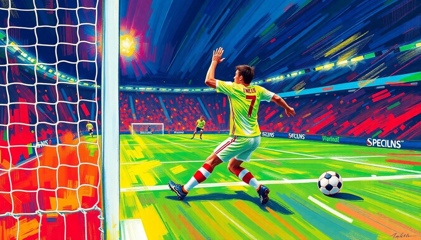 An abstract, textured painting in bright neon colors, with sweeping brushstrokes conveying the energy and emotion of a climactic soccer match.