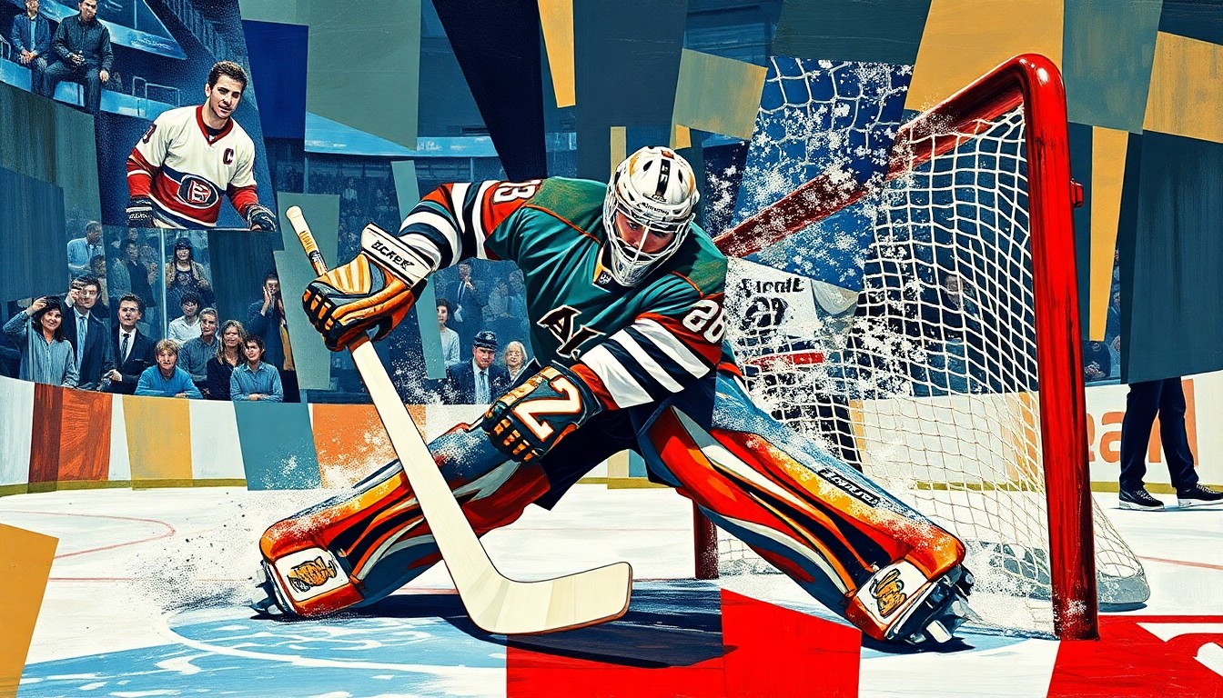 A fragmented, geometric painting depicting a hockey goaltender making a save, with sharp, overlapping planes of color and form representing the intensity of the game action.