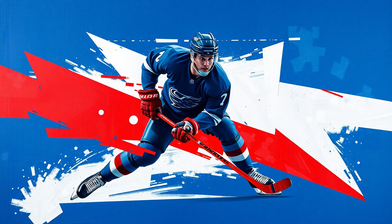 A cubist-style painting depicting a hockey player in motion, their form broken down into sharp, overlapping geometric shapes in shades of blue, red, and white, conveying the dynamic energy of the sport.