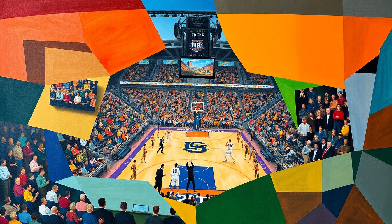 A cubist, geometric painting depicting the intense action of a college basketball game, with fragmented, overlapping shapes and planes of players, the court, and the arena in vibrant colors, capturing the energy and drama of Arizona's comeback victory over Purdue.